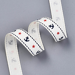 White Single Face Anchor & Star Printed Polyester Grosgrain Ribbon, White, 3/8 inch(10mm), about 100yards/roll(91.44m/roll)