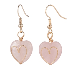 Rose Quartz Natural Rose Quartz Heart Dangle Earrings, Gold Plated Brass Wire Wrap Jewelry for Women, 38mm, Pin: 0.7mm