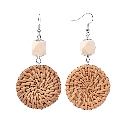 Peru Handmade Reed Cane/Rattan Woven Beads Dangle Earrings, with Wood Beads, Iron Findings and Brass Findings, Flat Round, Peru, 78~79.5mm, Pendant: 37~37.5x37~38.5x5~6mm, Pin: 0.6mm