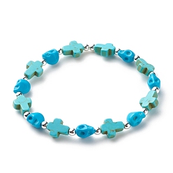Turquoise Bracelet extensible en perles de turquoise synthétique (teint) avec croix et tête de mort, bijoux de pierres précieuses d'halloween pour femmes, turquoise (teint), diamètre intérieur: 2-1/4 pouce (5.6 cm)