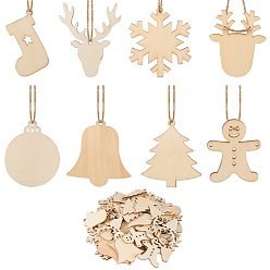 BurlyWood 8 Bag 8 Style Unfinished Natural Wood Cutouts Ornaments, with Hemp Cord, for Christmas Theme Party Gift Home Decoration, BurlyWood, 1bag/style