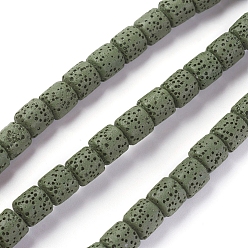 Vert Olive Foncé Brins de perles de pierre de lave naturelle, teint, colonne, vert olive foncé, 8~8.5x8~8.5mm, Trou: 2mm, environ 46 pcs / brin, 15.35 pouces (39 cm)
