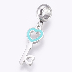 Cyan 304 Stainless Steel European Dangle Charms, Large Hole Pendants, with Enamel, Heart Key, Stainless Steel Color, Cyan, 30mm, Hole: 4mm, Pendant: 20x8x1mm