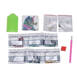 Mixed Color DIY Diamond Painting Stickers Kits For Plastic Mirror Making, with Glass, Resin Rhinestones, Diamond Sticky Pen, Tray Plate and Glue Clay, Rectangle with Cat Pattern, Mixed Color, 69x70x10mm