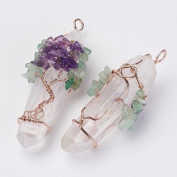 Rose Gold Natural Quartz Crystal Big Pointed Pendants, with Green Aventurine, Amethyst & Brass Findings, Bullet, Rose Gold, 60~82x23~27mm, Hole: 5~9mm