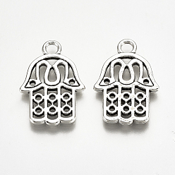 Antique Silver Tibetan Style Alloy Pendants, Hamsa Hand/Hand of Fatima/Hand of Miriam, Cadmium Free & Lead Free,, Antique Silver, 21x14.5x1.5mm, Hole: 2mm, about 810pcs/1000g