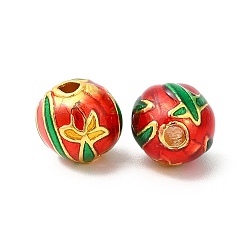Red Alloy Enamel Beads, Rack Plating, Round with Flower Pattern, Matte Gold Color, Red, 9.5x9.5mm, Hole: 2mm