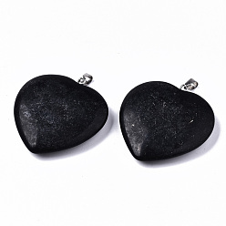 Black Stone Synthetic Black Stone Pendants, with 304 Stainless Steel Snap On Bails, Heart, Stainless Steel Color, 36~37x35x7~8mm, Hole: 5x2.5mm.