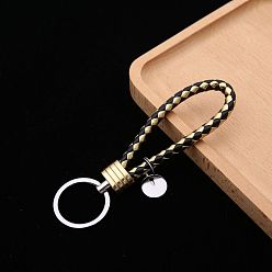 Gold PU Leather Knitting Keychains, Wristlet Keychains, with Platinum Tone Plated Alloy Key Rings, Gold, 12.5x3.2cm