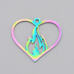 Rainbow Color Placage ionique (ip) 201 pendentifs en acier inoxydable, Coupe au laser, coeur avec flamme, couleur arc en ciel, 25.5x28x1mm, Trou: 1.8mm