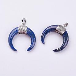 Lapis Lazuli Naturalapis Lazuli Pendants, with Platinum Plated Brass Findings, Dyed, Double Horn/Crescent Moon, 34x33x8.5mm, Hole: 5x7mm