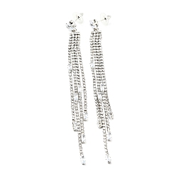 Rectangle Clear Cubic Zirconia & Crystal Rhinestone Long Tassel Dangle Stud Earrings, Brass Earrings with 925 Sterling Silver Pins for Women, Platinum, Rectangle Pattern, 122mm, Pin: 0.8mm