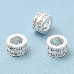 Silver Rack Plating Brass Cubic Zirconia European Beads, Large Hole Beads, Cadmium Free & Lead Free, Long-Lasting Plated, Column, Silver Color Plated, 8x5mm, Hole: 5mm