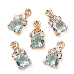 Aquamarine K9 Glass Charms, with Light Gold Tone Brass Findings and Rhinestone, Heart Charms, Aquamarine, 13x7x4mm, Hole: 1.2mm