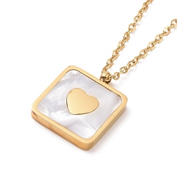 Golden Synthetic Shell Square with Heart Pendant Necklace, Ion Plating(IP) 304 Stainless Steel Jewelry for Women, Golden, 16.14 inch(41cm)