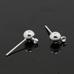 Silver Brass Ball Post Ear Studs, with Loop, Silver, 15.2~15.7x5mm, Hole: 1mm, Pin: 0.7mm