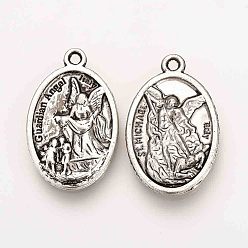 Antique Silver Tibetan Style Alloy Pendants, Oval, Cadmium Free & Lead Free, St Michael and Guardian Angel Medal, Antique Silver, 25x16x3mm, Hole: 2mm, about 400pcs/1000g