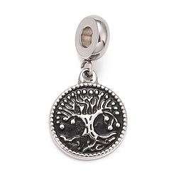 Stainless Steel Color 304 Stainless Steel European Dangle Charms, Large Hole Pendants, with Black Enamel, Flat Round with Tree, Stainless Steel Color, 28.5mm, Hole: 4mm, Flat Round: 18x15x2mm
