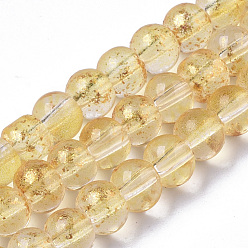 Gold Transparent Spray Painted Glass Bead Strands, with Golden Foil, Round, Gold, 4~5mm, Hole: 0.9~1.2mm, about 95~103pcs/Strand, 13.78 inch~14.88 inch(35~37.8cm)