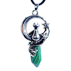 Malachite Synthetic Malachite Pointed Faceted Bullet Pendants, Moon with Cat Charms, with Platinum Plated Alloy Findings, 50x22.5x17mm