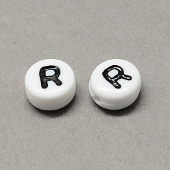 Letter R Perles de lettres à trous horizontaux acryliques blanches et noires, rond et plat avec letter.r, 7x4mm, Trou: 1.3mm, environ3600 pcs / 500 g