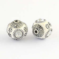 White Handmade Indonesia Round Beads, with Glass Cabochons and Antique Silver Metal Color Double Alloy Cores, White, 14~15x15~16mm, Hole: 2mm