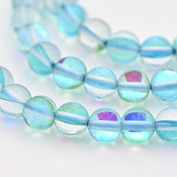 Bleu Ciel Clair Brins de perles de lune synthétiques rondes, perles holographiques, teint, lumière bleu ciel, 8mm, Trou: 1mm, Environ 45~47 pcs/chapelet, 14~15 pouce