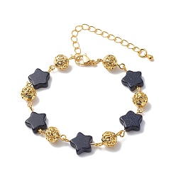 Doré  Bracelets à maillons en pierre d'or bleue synthétique étoile, bracelets de perles rondes en alliage de symbole de genre creux pour femmes, or, 7-1/2 pouce (19 cm)