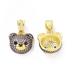 Pink Brass Micro Pave Cubic Zirconia Pendants, Bear Head Charm, Real 18K Gold Plated, Pink, 19x19x8mm, Hole: 5x8mm