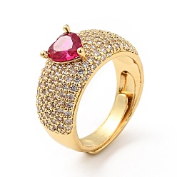 Real 18K Gold Plated Cerise Cubic Zirconia Heart Adjustable Ring, Brass Jewelry for Women, Real 18K Gold Plated, US Size 6(16.5mm)