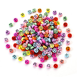 Mixed Color Opaque Acrylic Beads, Flat Round with Black Random Expression, Mixed Color, 7x4mm, Hole: 1.6mm, 200pcs/set