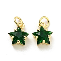 Dark Green Eco-friendly Brass Micro Pave Cubic Zirconia Pendants, with Jump Ring, Cadmium Free & Lead Free, Real 18K Gold Plated, Star, Dark Green, 11x8.5x5mm, Hole: 3.2mm