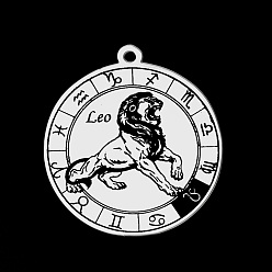 Leo 201 Stainless Steel Pendants, Laser Engraved Pattern, Flat Round with Constellation, Leo, 22.5x20x1mm, Hole: 1.6mm