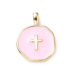 Perlas de Color Rosa Colgantes de esmalte de bronce, la luz de oro, plano y redondo con la cruz, rosa perla, 18x13.5x3.5 mm, agujero: 2x3.5 mm