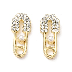Golden Alloy Rhinestone Stud Earring Findings, with Plastic Pearl Beaded & 925 Sterling Silver Pins & Horizontal Loop, Safety Pin Shape, Golden, 19.5x8.5x3.5mm, Hole: 3mm, Pin: 0.6mm