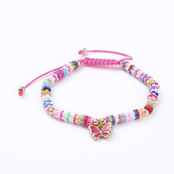 Deep Pink Adjustable Nylon Cord Braided Bead Bracelets, with Polymer Clay Heishi Beads, Alloy Enamel Charms and Real 18K Gold Plated Brass Beads, Butterfly, Deep Pink, 1-7/8 inch~3-1/8 inch(4.9~8.1cm)