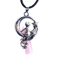 Gemstone Pendentifs de balle à facettes pointus teints en pierres précieuses synthétiques, lune avec des charmes de chat, avec les accessoires en alliage de platine plaqués, rose, 50x22.5x17mm