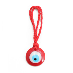 Red Flat Round with Evil Eye Resin Pendant Decorations, Braided Cotton Cord Hanging Ornament, Red, 10.2cm