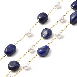 Lapis Lazuli Ion Plating(IP) 316 Surgical Stainless Steel Paperclip Chains, with Natural Lapis Lazuli Nuggets Beads and Glass Beads, Soldered, Real 18K Gold Plated, with Spool, Link: 2.5x1x0.5mm
