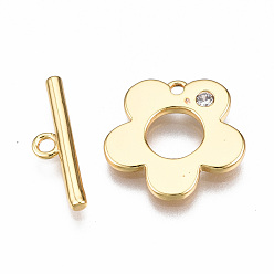 Real 18K Gold Plated Brass Micro Pave Clear Cubic Zirconia Toggle Clasps, Nickel Free, Flower, Real 18K Gold Plated, 20mm long, Bar: 16x4x1.5mm, hole: 1.5mm, Jump Ring: 5x1mm, Inner Diameter: 3mm, Flower: 14x14.5x1mm, Hole: 1.2mm