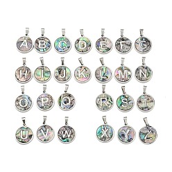 Letter A~Z 304 Stainless Steel with Paua Shell Pendants, Stainless Steel Color, Flat Round with Letter Charm, Letter A~Z, 18x16x1.5mm, Hole: 3x6mm