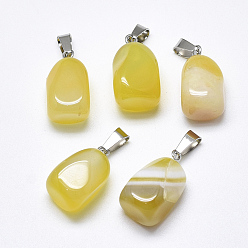 Gold Natural Banded Agate/Striped Agate Pendants, Dyed, with Stainless Steel Snap On Bails, Cuboid, Stainless Steel Color, Champagne Yellow, 20~23x9~13x9~13mm, Hole: 3~4x7~8.5mm