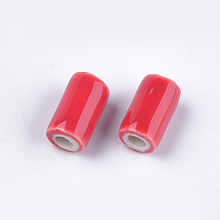 Rouge Perles en porcelaine manuelles, style de porcelaine émaillée lumineux, colonne, rouge, 10~10.5x6mm, Trou: 2mm