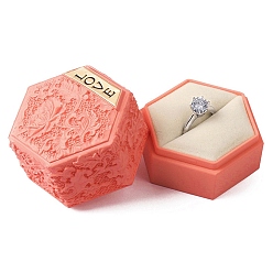 Color Salmón Cajas de almacenamiento de anillos de plástico hexagonales en relieve, estuche para anillos de boda con esponja, salmón, 5.5x5x4.85 cm