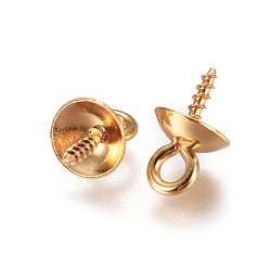 Oro Enchapado al vacío 304 copa de acero inoxidable clavija de perla colgantes de pasador, por medio perforó perlas, dorado, 10x6 mm, agujero: 2 mm, pin: 1.3 mm