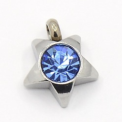 Light Sapphire 201 Stainless Steel Rhinestone Star Charm Pendants, Grade A, Faceted, Light Sapphire, 9x8x3mm, Hole: 1mm