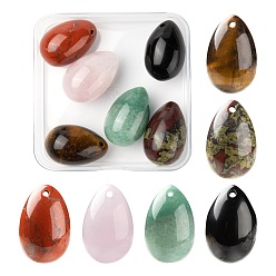 Mixed Stone 6Pcs 6 Style Natural Mixed Gemstone Pendants, Easter Egg Stone, 31x20x20mm, Hole: 2mm, 1pc/style