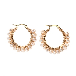 Golden 304 Stainless Steel Hoop Earrings, with Potato Natural Cultured Freshwater Pearls and Copper Wire, Ring Shape, Golden, 33x31mm, Pin: 0.7mm