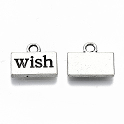 Antique Silver Tibetan Style Alloy Charms, Rectangle with Word Wish, Cadmium Free & Lead Free, Antique Silver, 10x13x2mm, Hole: 1.8mm, about 1000pcs/1000g