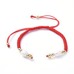 Red Braided Nylon Cord for DIY Bracelet Making, with Natural Freshwater Pearl & Brass Findings, Golden, Red, 6-7/8 inch(17.5cm), 4mm